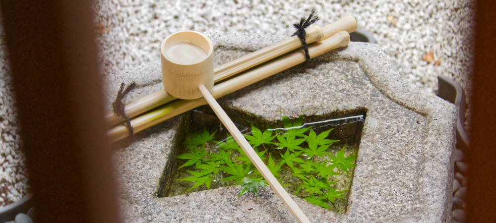 Japanisches Steinbecken mit Bambus-Schöpfkelle und grünen Ahornblättern